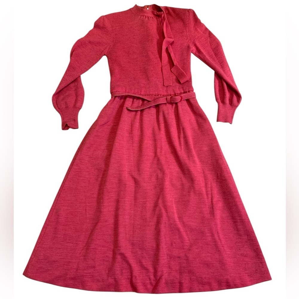 Vintage 70s/80s Ciao Ltd. Pure Wool Sweater Dress with Belt & Scarf - Size 12